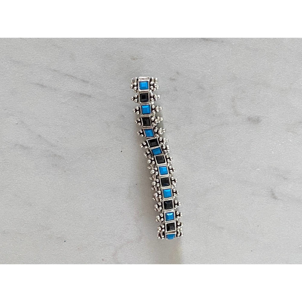 Vintage Black faux turquoise silver tone stretch bracelet - Picture 6 of 9